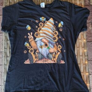 Women's Black Short Sleeve Tee w/ Hippie Flower Power Gnome Size XL 100% Cotton